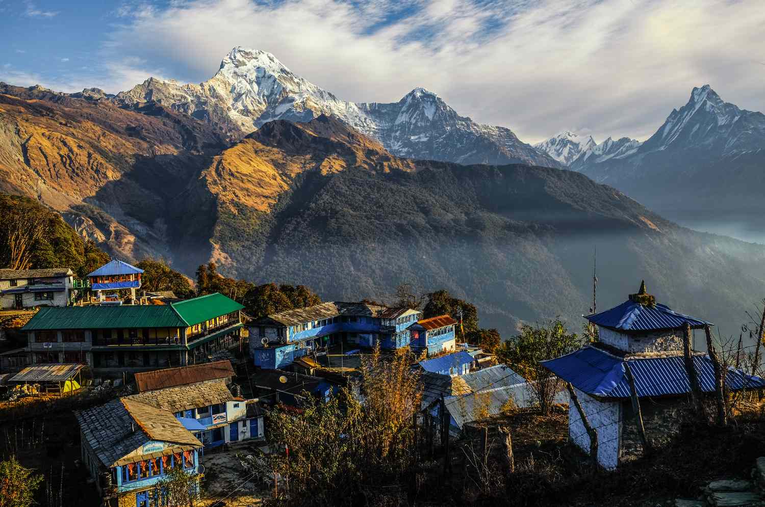 Stone trail and hillside village on the Annapurna Circuit Trek